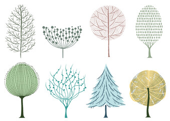 Obraz premium Vector Artistic Style Trees Illustration Set Isolated On A White Background. 