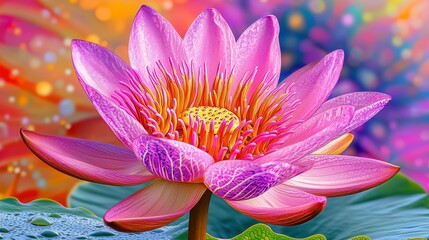 Vibrant Pink and Purple Water Lily Close Up with Colorful Bokeh Background