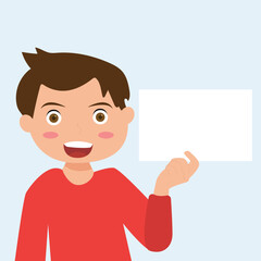 portrait of boy child holding empty white paper sheet or showing blank sign poster over isolated background. vector and illustration.