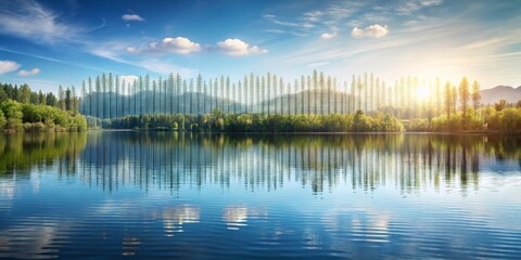 Obraz premium Serene Lake Reflecting a Majestic Stand of Evergreen Trees Under a Brilliant Sky