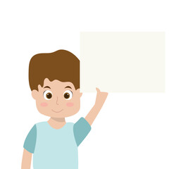 portrait of boy child holding empty white paper sheet or showing blank sign poster over isolated background. vector and illustration.