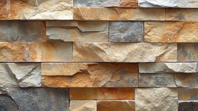 Textured stone wall cladding in various shades of brown, beige, and gray.