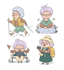 Funny grandma set cartoon vector illustrations, walking with sticks, with laptop, relax, active pensioner, elderly woman,  hand drawn, sketch