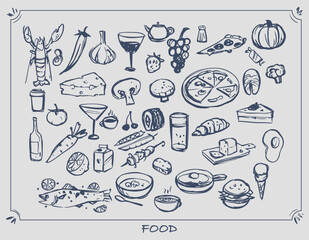 Fototapeta premium Food set doodle, vector hand drawn illustrations