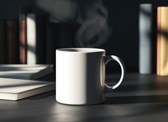Steaming White Coffee Mug on Dark Wooden Desk. Minimalist Still Life with Books & Text Space for Design