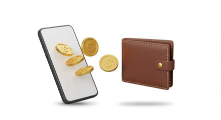 3D Phone and wallet with coins falling on white background