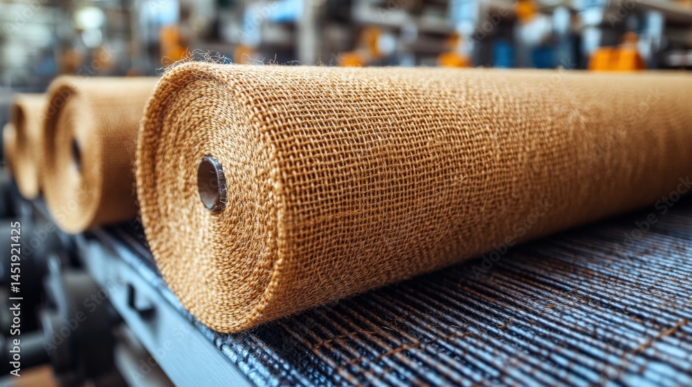 Poster close-up of textile rolls in a weaving factory showcasing production and machinery in action