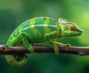 Fototapeta premium A Furcifer oustaleti chameleon sits on a branch in a forest habitat.