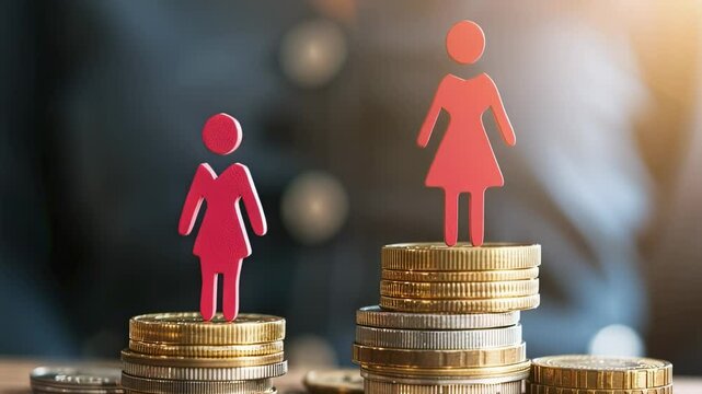 Gender pay gap concept with female figures on unequal stacks of coins, illustrating economic inequality and wage disparity