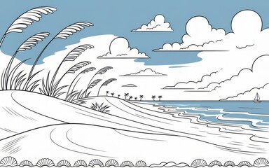 Beach Dunes with Sea Oats and Palm Trees in the Distance Blue Sky and Ocean