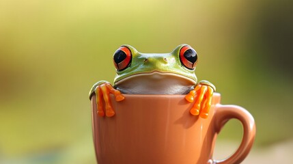 Curious Frog Peeking Out from Inside a Small Cup