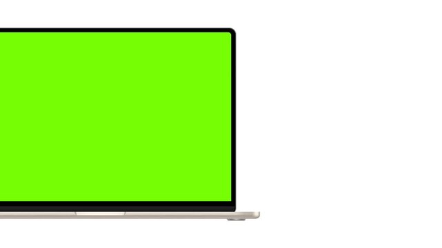 Modern Gold Laptop Animated Mockup, Front, Side Perspective View, Blank Green Screens, Isolated on White Background