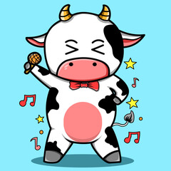 Singing Cartoon Cow with Microphone and Music Notes