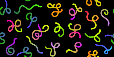 Vector Neon Colorful Line Shapes with Gradient. Abstract Seamless Wavy Pattern on Black Background. 3D Rainbow Color Seamless Waves Graphic Worm. Colored Dynamic Squiggles, Swirls and Spiral Loop Ribb