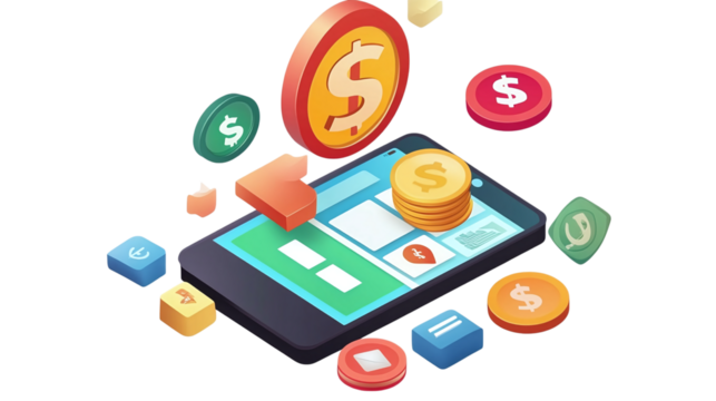 Floating financial knowledge gamification app with daily challenge interface, isolated, PNG format, transparent background. Varient 5
