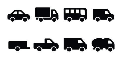 Transportation silhouette icons set – vehicle, solid, travel and transport symbols