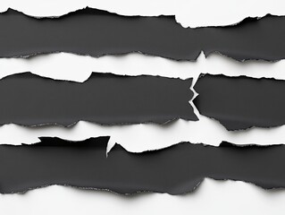 Torn Black Paper Strips on White Background:  Abstract Texture and Design Element for Mockups and Layouts