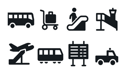 Travel and airfare solid icons set – transportation, vacation, journey symbols
