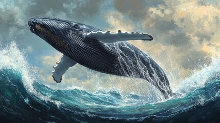 Fototapeta premium An illustration of a powerful humpback whale leaping majestically from the ocean waves, with water splashing around its massive body.