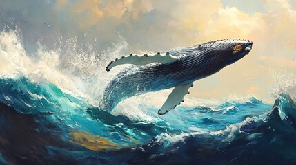 Fototapeta premium An illustration of a powerful humpback whale leaping majestically from the ocean waves, with water splashing around its massive body.