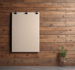 Wooden wall, metal clips, blank poster mockup,  stylish,  clip art
