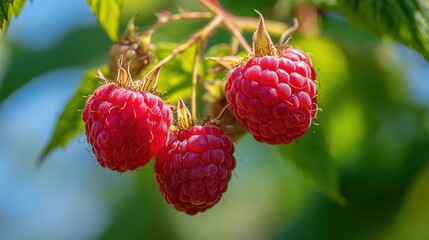 Close-up of ripe raspberries on green stem in orchard – perfect for organic branding, berry product visuals or natural food content promoting fresh ingredients and clean eating