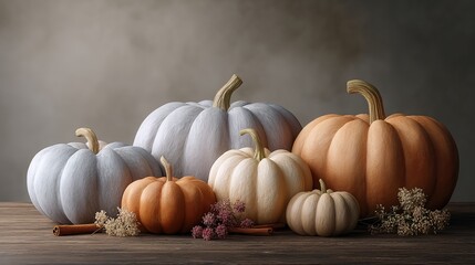 Colorful autumn pumpkins arranged on rustic surface – perfect for seasonal promotions, fall décor visuals or lifestyle branding related to cozy natural living and Thanksgiving themes