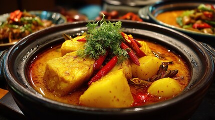 Spicy potato stew with chili and vegetables in bowl – ideal for comfort food branding, Indian-inspired menus or food delivery visuals highlighting hearty plant-based meals