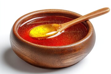 Rustic wooden bowl with golden honey and spoon – ideal for natural food branding, eco product visuals, or wellness content promoting organic sweeteners and traditional nutrition