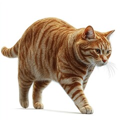 Striking Ginger Tabby Cat Walking Gracefully on White Background Studio Shot