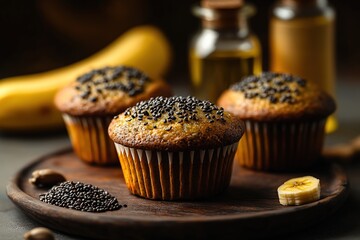Close-up of golden poppy seed muffins with soft warm lighting – great for bakery visuals, product branding, or cozy dessert campaigns with natural textures and homemade feel

