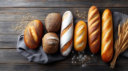 Rustic assortment of artisanal bread loaves on wooden surface – perfect for bakery product visuals, slow food branding or natural lifestyle content focused on homemade baked goods