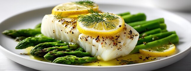 Steamed halibut filet with asparagus spears and fresh dill – perfect for high-protein diet visuals, healthy menu content or fine dining seafood branding with clean presentation