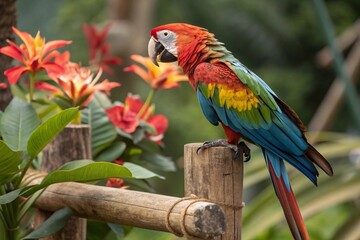 Obraz premium A small macaw parrot with bright colorful feathers sitting on a wooden perch against a background of tropical flowers.