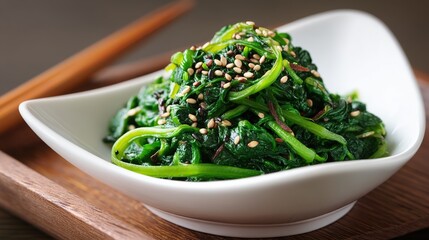 Japanese-style sesame spinach in white bowl on dark background – perfect for Asian food branding, vegan nutrition campaigns or healthy recipe visuals with elegant plating