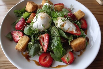 Fresh burrata salad with baby spinach, strawberries and croutons – ideal for gourmet restaurant menus, healthy lifestyle branding or summer food campaigns with a colorful twist