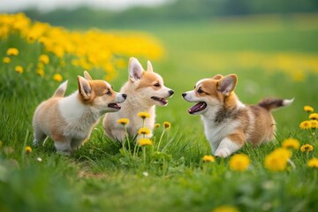 Corgi puppies with short legs and a cute smile playing together on a green meadow with yellow dandelions.
