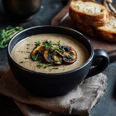 Rustic black mug filled with creamy mushroom soup and herbs – ideal for comfort food branding, cozy restaurant visuals or fall-inspired menu design emphasizing warmth and texture