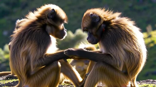 Golden Baboon Duo: Intimate Grooming Ritual in Backlit Sunlight