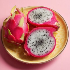 Dragon fruit halves on pink background – perfect for exotic food branding, superfood visuals, vegan lifestyle content or bright tropical-themed promotions and nutrition ads