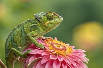 Obraz premium A small chameleon with bright green skin and large eyes that turn in different directions, sitting on a colorful flower.