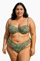 Recycled Printed Lowrise Ruffle Bikini. Plus-Size Curvy Model in Floral Bikini on White Background - Generative AI