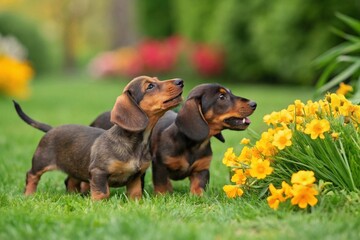 Dachshund puppies with short legs and a cute smile playing together on a green lawn with flowers.
