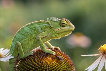 Obraz premium A small chameleon with bright green skin and large eyes that turn in different directions, sitting on a colorful flower.