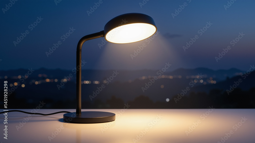 Poster the image shows a desk lamp sitting on top of a table next to a window