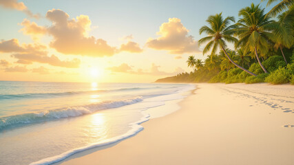 The image shows a beautiful tropical beach with white sand