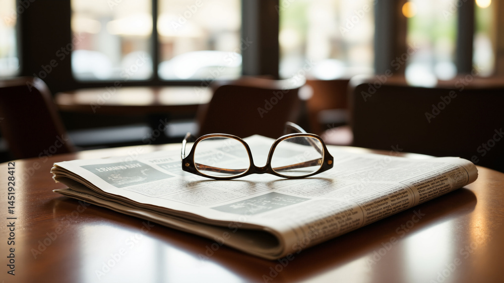 Poster the image shows a table with a newspaper and a pair of glasses resting on top of it. in the backgrou