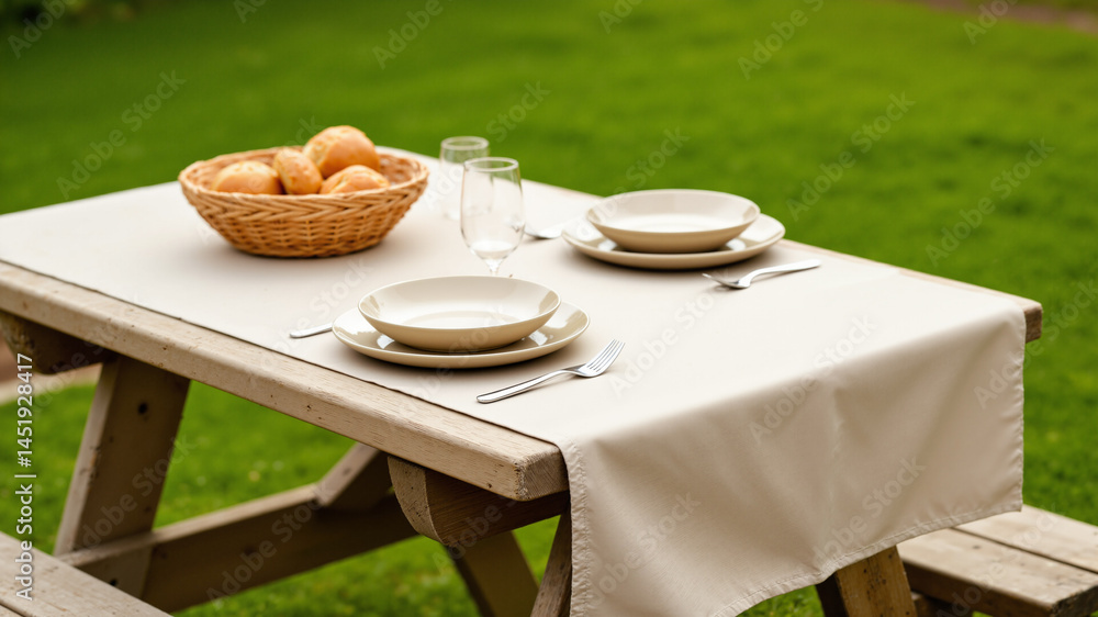 Poster the image shows a wooden picnic table with a white table cloth draped over it. on the table there ar