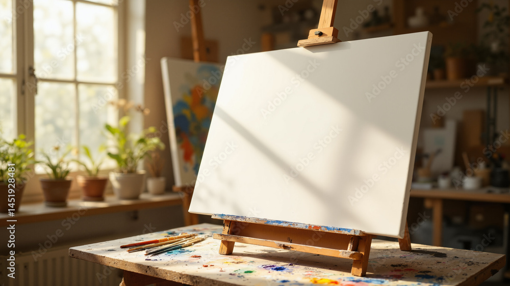 Aufkleber the image shows an easel with a white canvas on it in an artist's studio. on the table in front of t