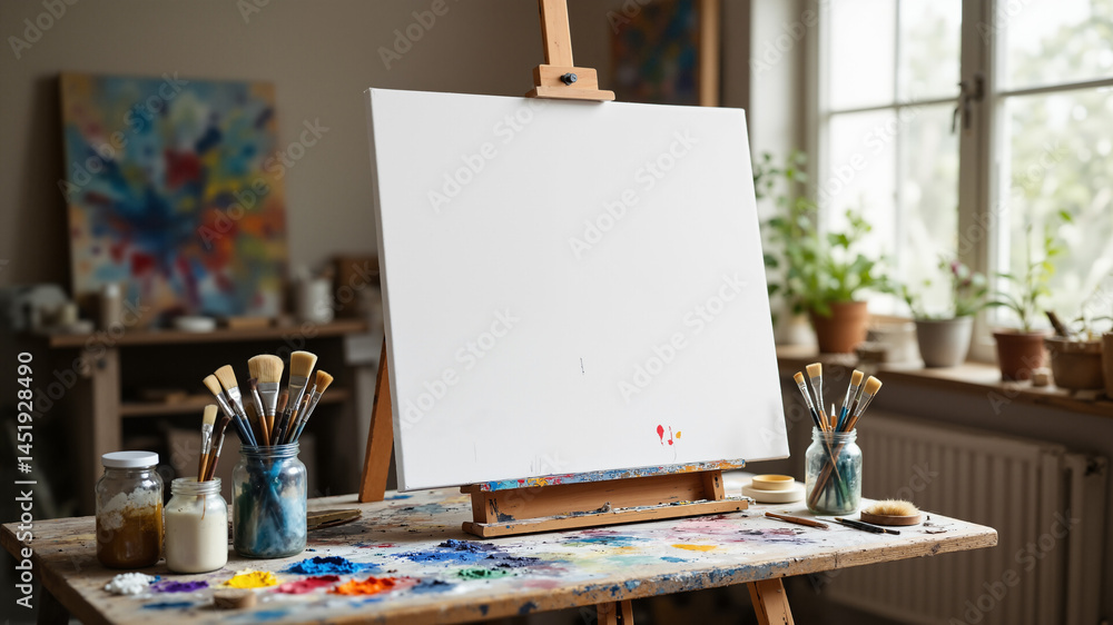 Poster the image shows an easel with a white canvas on it in front of a window
